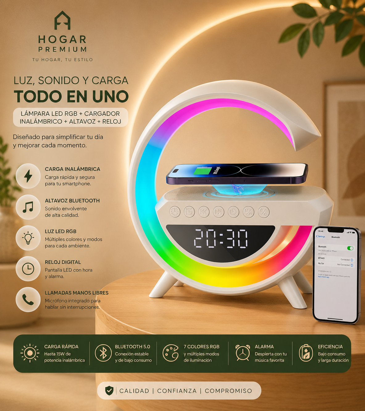 🔊✨ AuraGlow™ | Altavoz Bluetooth 3 en 1 con Cargador Inalámbrico y Lámpara LED